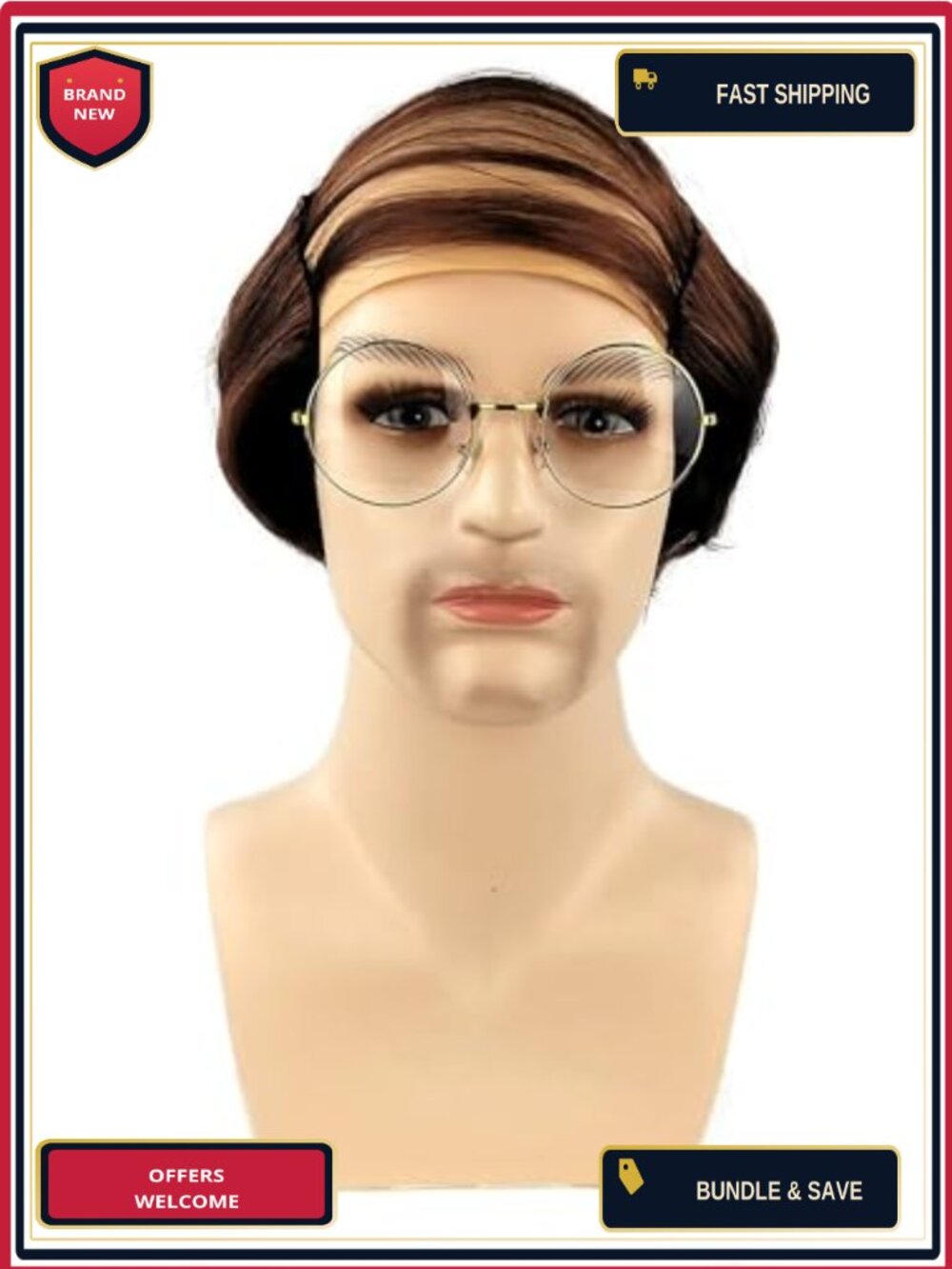 Old Man Bald Wig Comb Over Costume Wig with Glasses